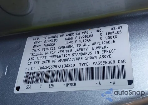 2007 Honda Accord 2.4 Ex from USA, damaged, VIN 1HGCM56757A134348